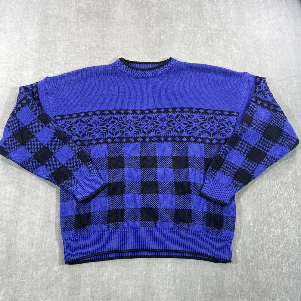 GAP Mens S Blue Black Fair Isle Buffalo Check‎ Cotton Knit Crewneck Sweater 90s